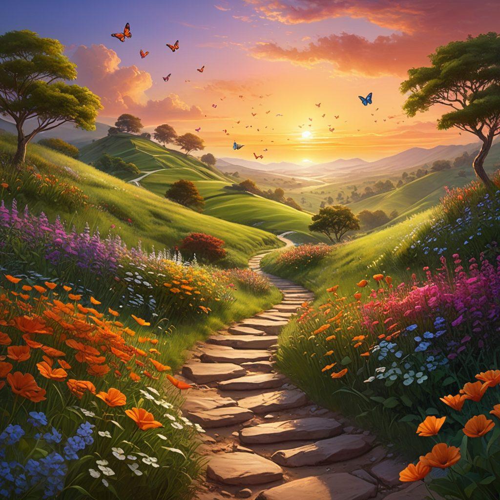 A serene digital landscape with a winding path leading through lush green hills, dotted with colorful flowers and butterflies. In the background, a glowing sunrise symbolizes hope and positivity, while a distant figure meditates in a peaceful pose atop a small hill. The scene embodies tranquility and the quest for happiness in the digital age. super-realistic. vibrant colors. ethereal lighting.