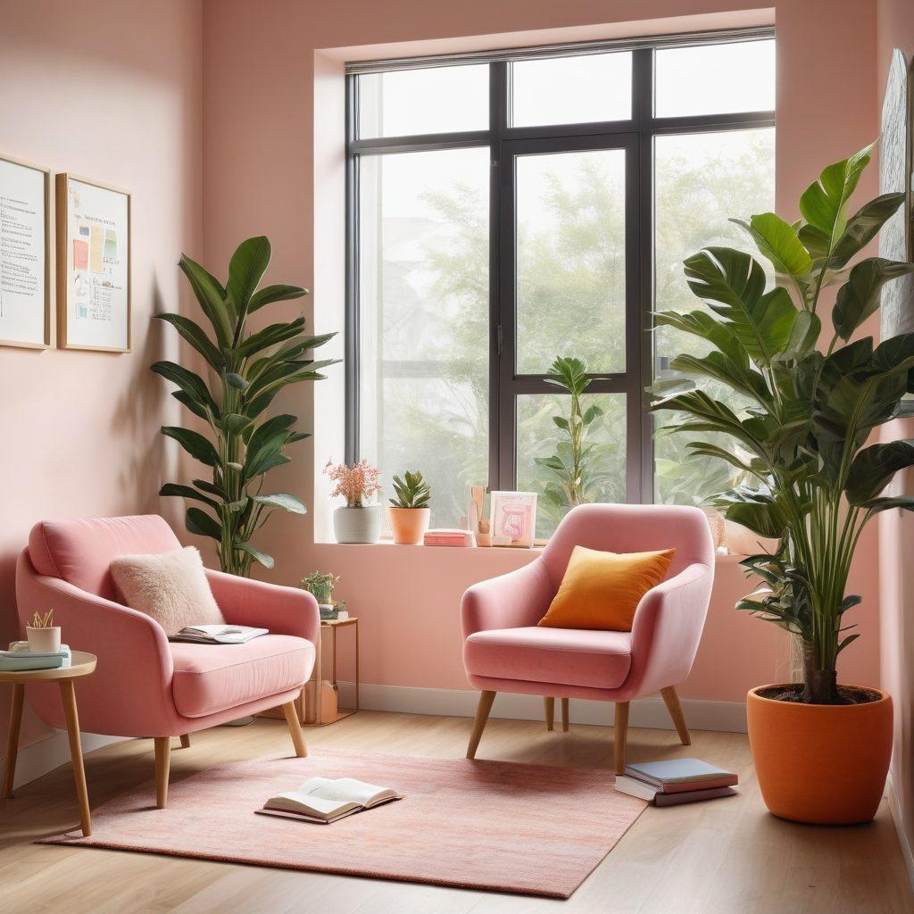 A serene workspace filled with soft pastel colors, featuring a cozy reading nook with a plush chair, a lush indoor plant, and a digital device displaying a wellness app. Surrounding it are colorful sticky notes with motivational quotes and a journal open with handwritten thoughts. A warm sunlight filtering through a window to evoke a sense of calm and inspiration. minimalist design. super-realistic. vibrant colors.