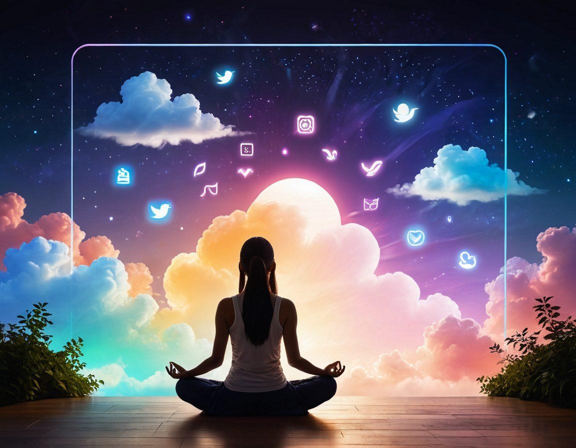 A serene digital landscape featuring a person meditating in front of a large, glowing screen displaying positive online interactions. Surrounding them are floating icons symbolizing social media, mindfulness, and wellness, all bathed in soft, calming colors. In the background, a dreamlike atmosphere with gentle clouds and warm light enhances the feeling of tranquility. super-realistic. vibrant colors. ethereal theme.